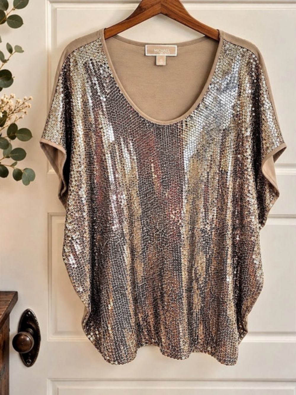 MICHAEL Michael Kors XL Sequin Dolman Top Champagne Gold Party Blouse